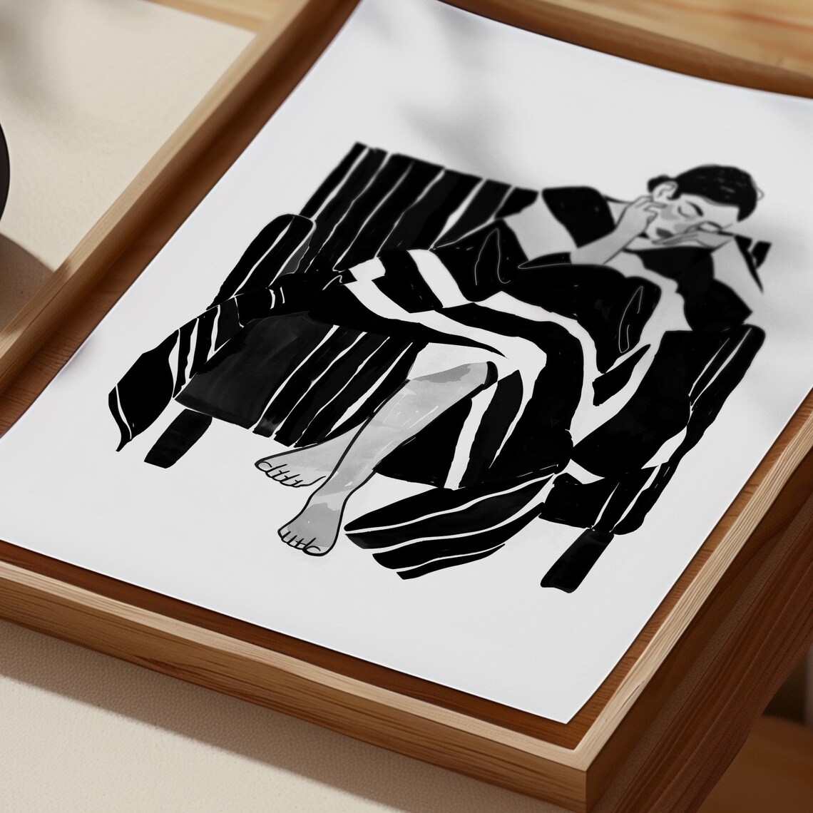 Pensive Moment Black And White Striped Art Print - Image 3