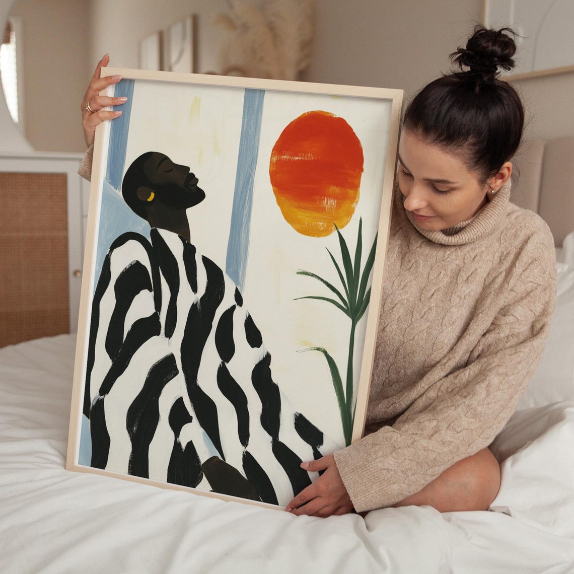 Woman In Zebra Striped Robe Under Orange Sun Minimalist Art Poster - Image 5
