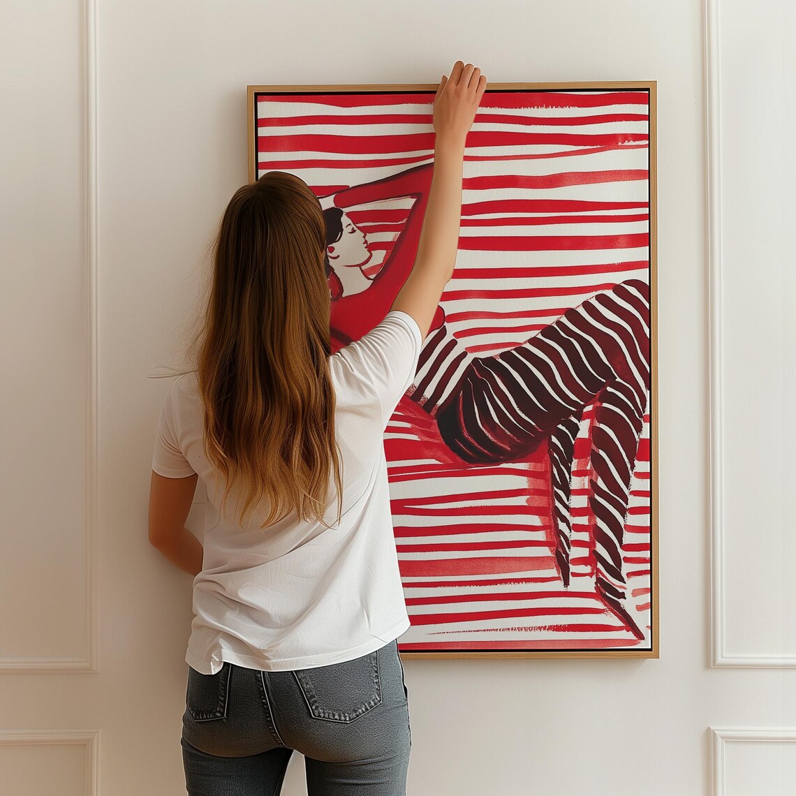 Red Striped Woman Lounging on Striped Bed Holiday Festive Poster - Image 2
