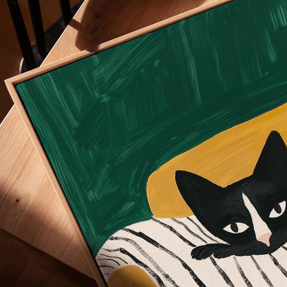 Black Cat Peeking Over Striped Blanket Playful Naive Cat Poster - Image 3
