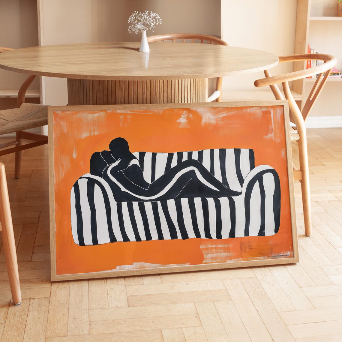 Reclining Figure On Striped Couch Orange Abstract Modern Poster