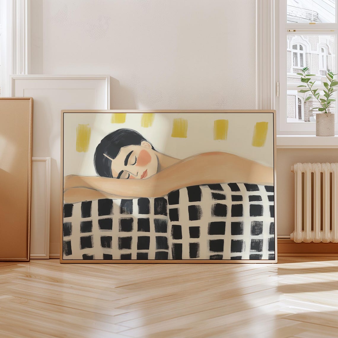 Sleeping Woman Under Black White Checkered Blanket Cozy Poster