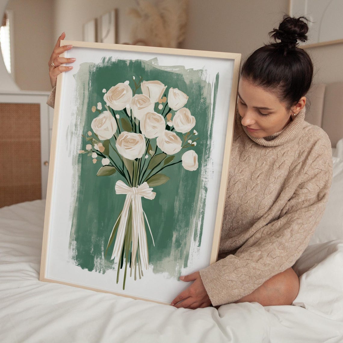 White Rose Bouquet With Bow On Sage Green Painterly Floral Poster