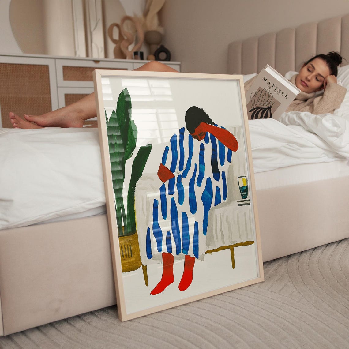 Bold Abstract Portrait Print Modern Blue And Red Art Minimalist Figure Wall Decor Boho Living Room Illustration Art - Image 5