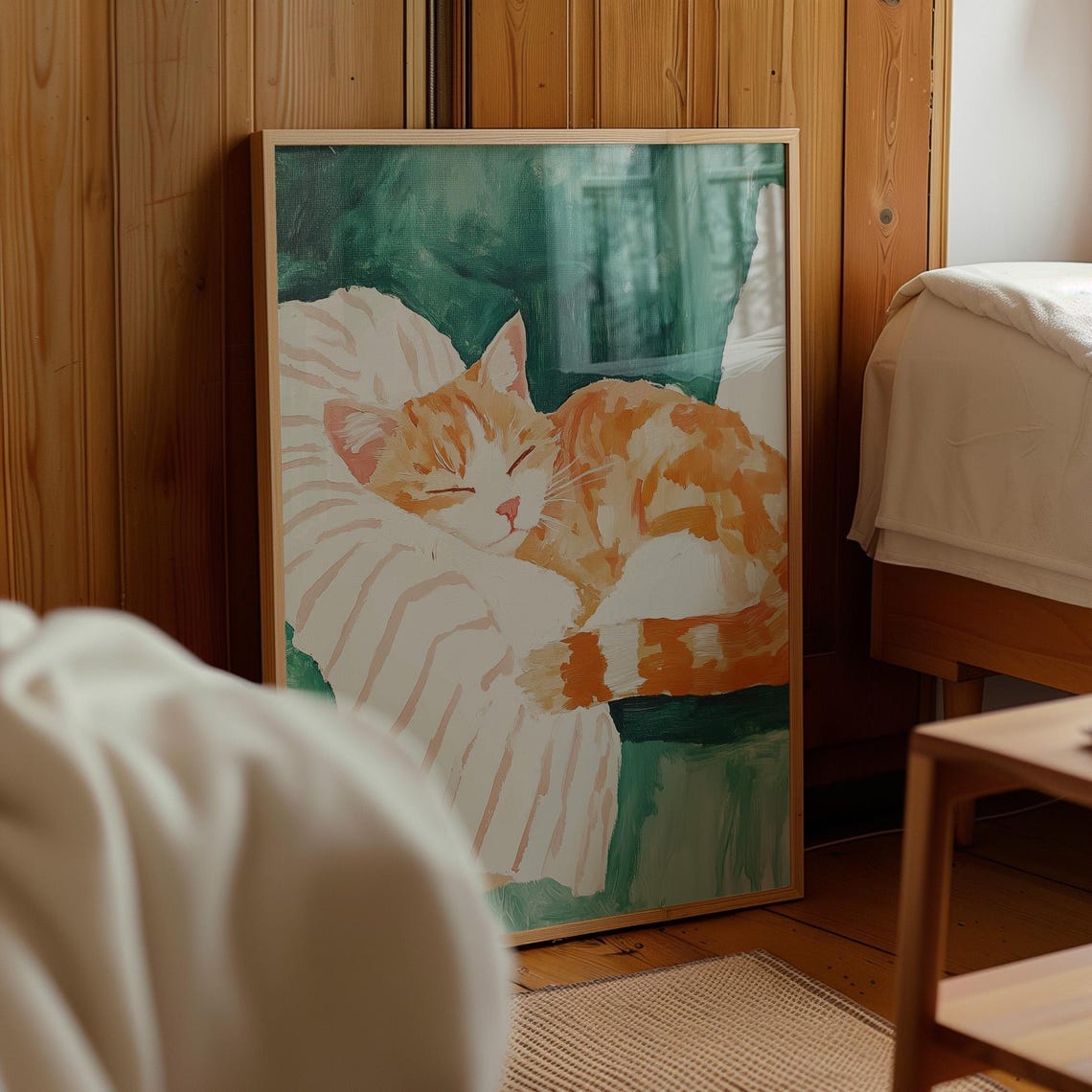 Orange Tabby Curled on Pink Cushion Teal Watercolor Cat Poster - Image 4