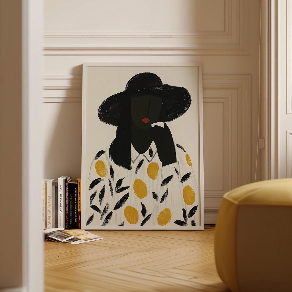 Woman in a Black Hat with a Lemon Pattern Blouse Minimalist Poster