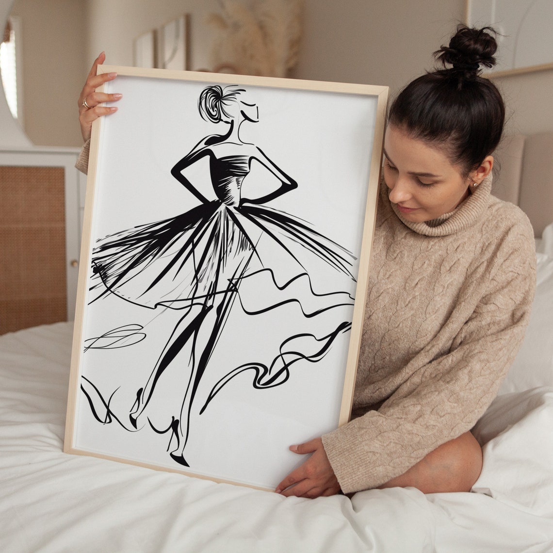 Fashion Illustration Woman Flowing Black Gown Minimal Line Poster