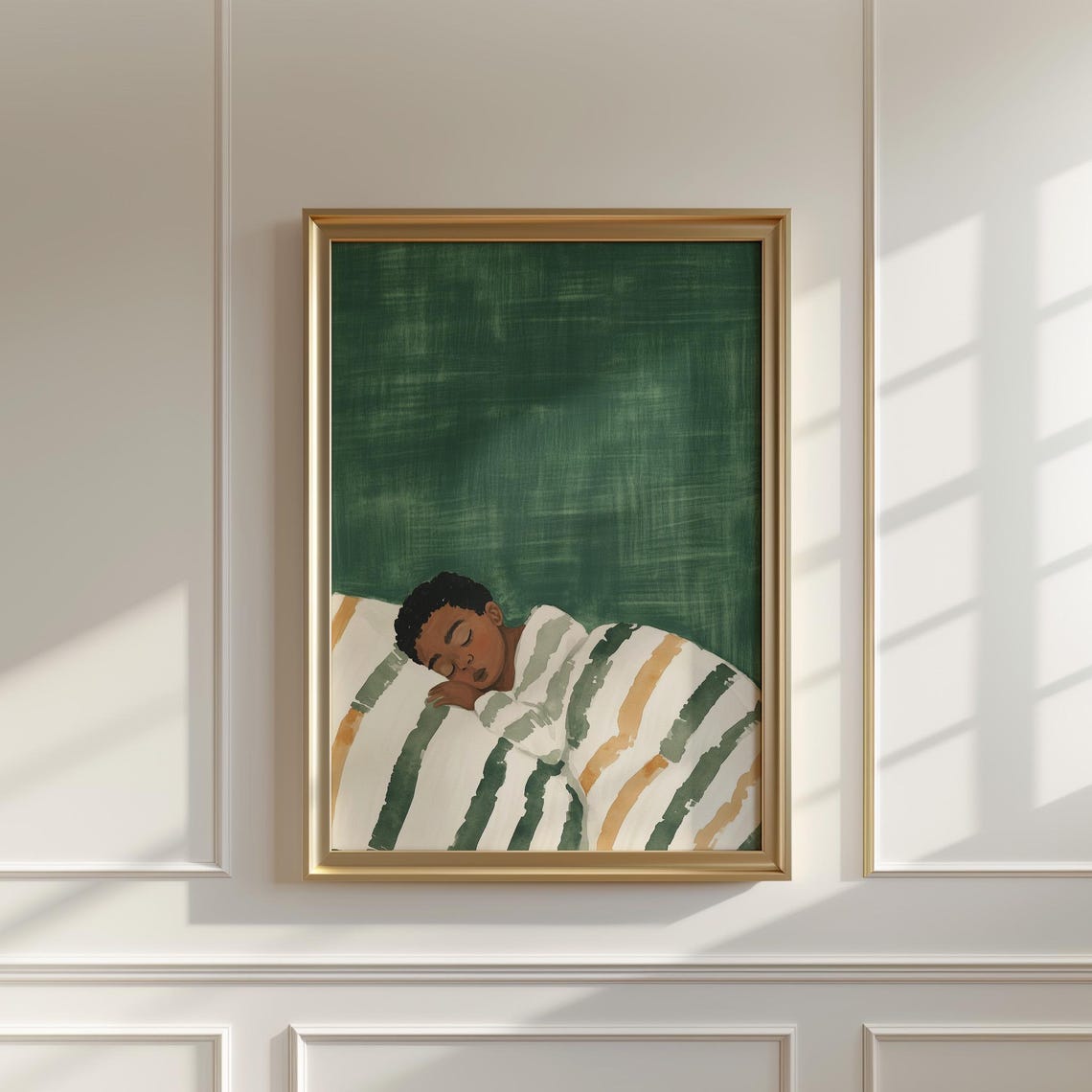 Sleeping Boy Under Striped Blanket Green Nursery Painting Wall Art - Image 2