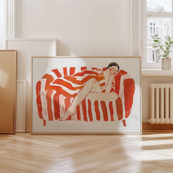 Modern Abstract Woman Relaxing On Striped Couch Art Print