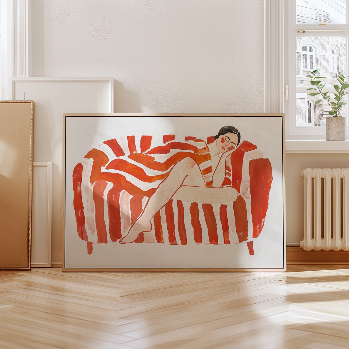 Modern Abstract Woman Relaxing On Striped Couch Art Print