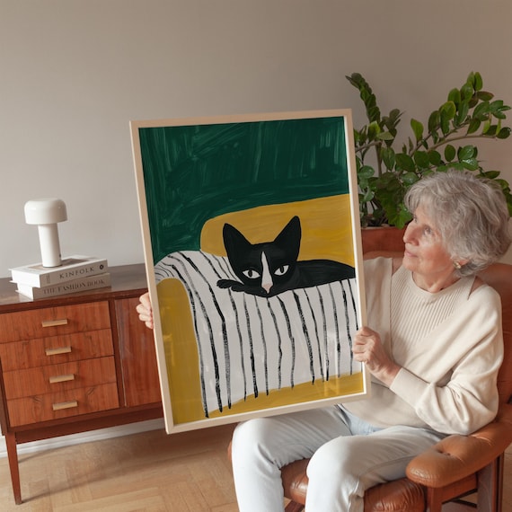 Black And White Cat On Striped Bed Emerald Green Painting Wall Art