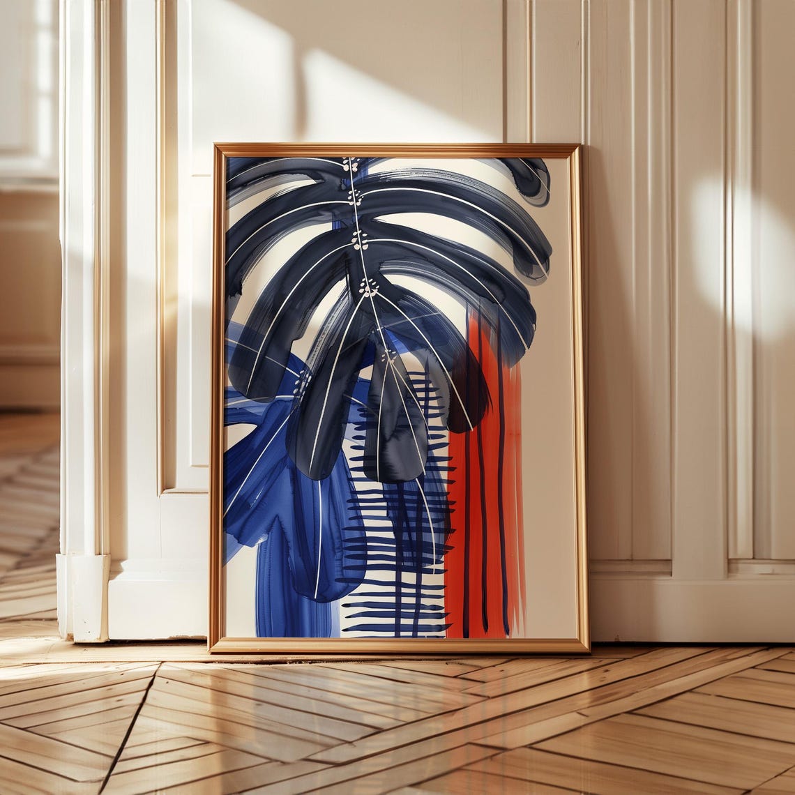 Bold Blue Red Abstract Botanical Leaves Large Modern Wall Art