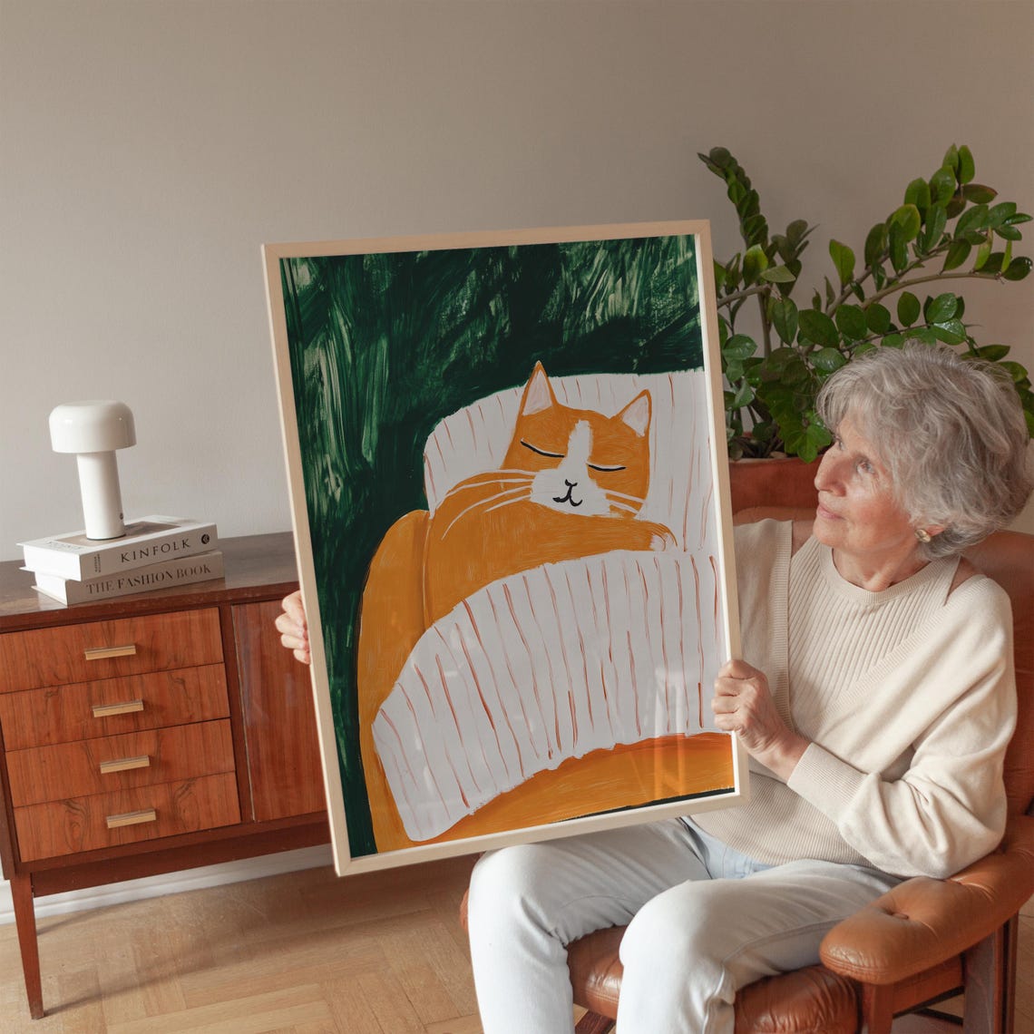 Sleeping Orange Cat on Striped Pillow Green Painterly Poster - Image 4