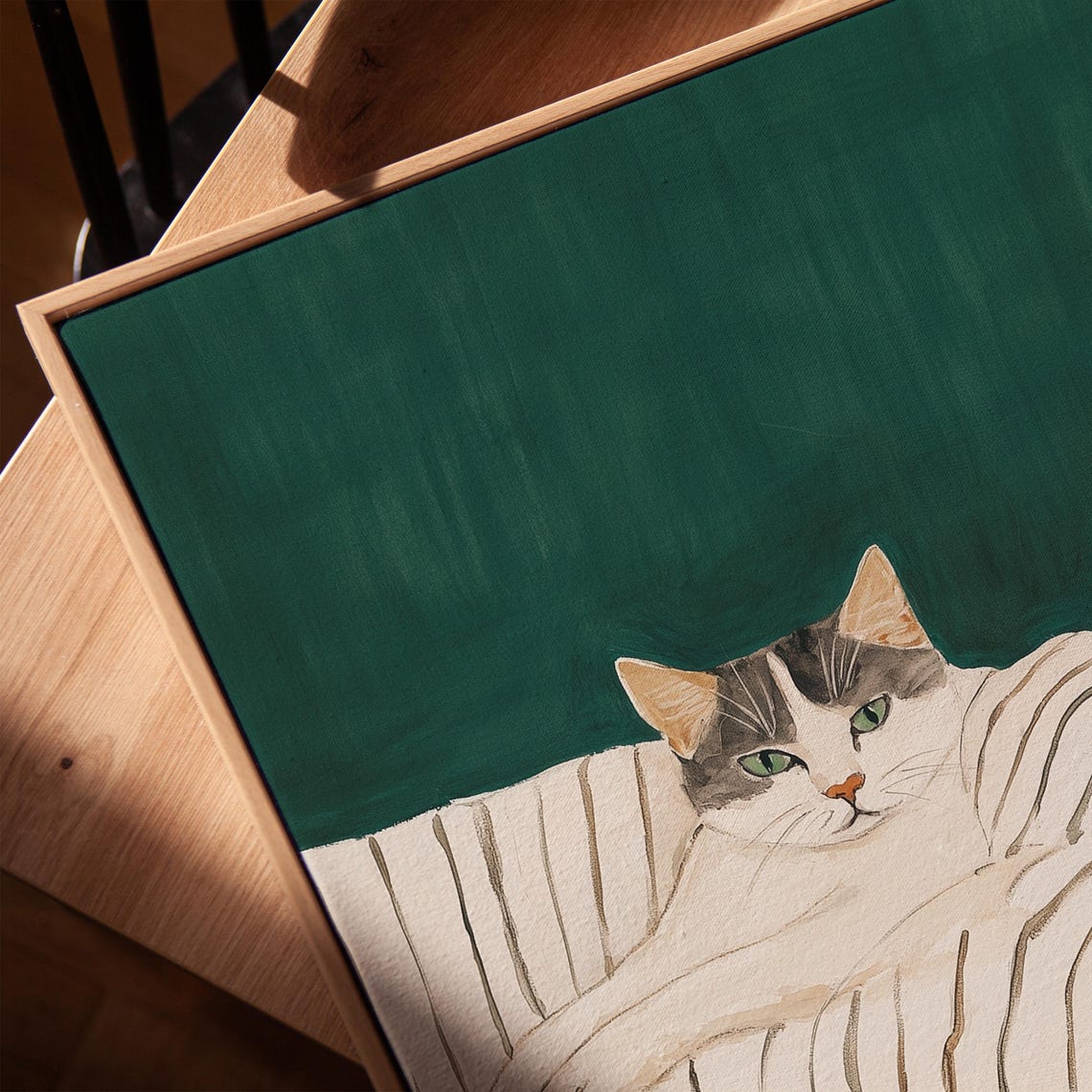 Lounging Tabby Cat Portrait on Striped Armchair Painting Poster - Image 3