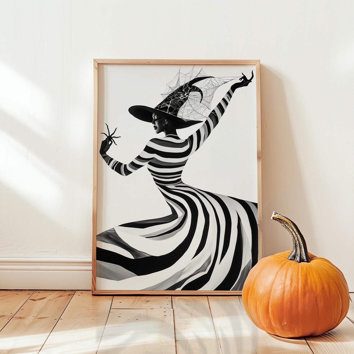Elegant Witch in Striped Dress, Gothic Halloween Print