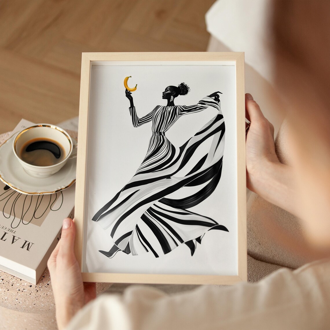 Dancing Woman In Striped Dress Holding Gold Crescent Moon Wall Art