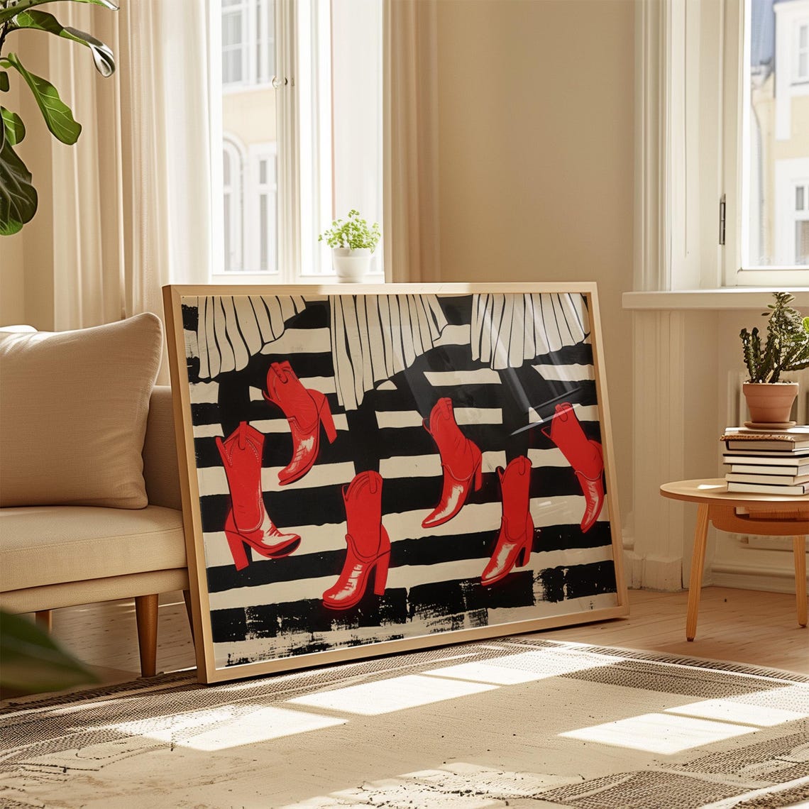 Red Cowboy Boots Dancing On Striped Floor Whimsical Western Art Poster - Image 3