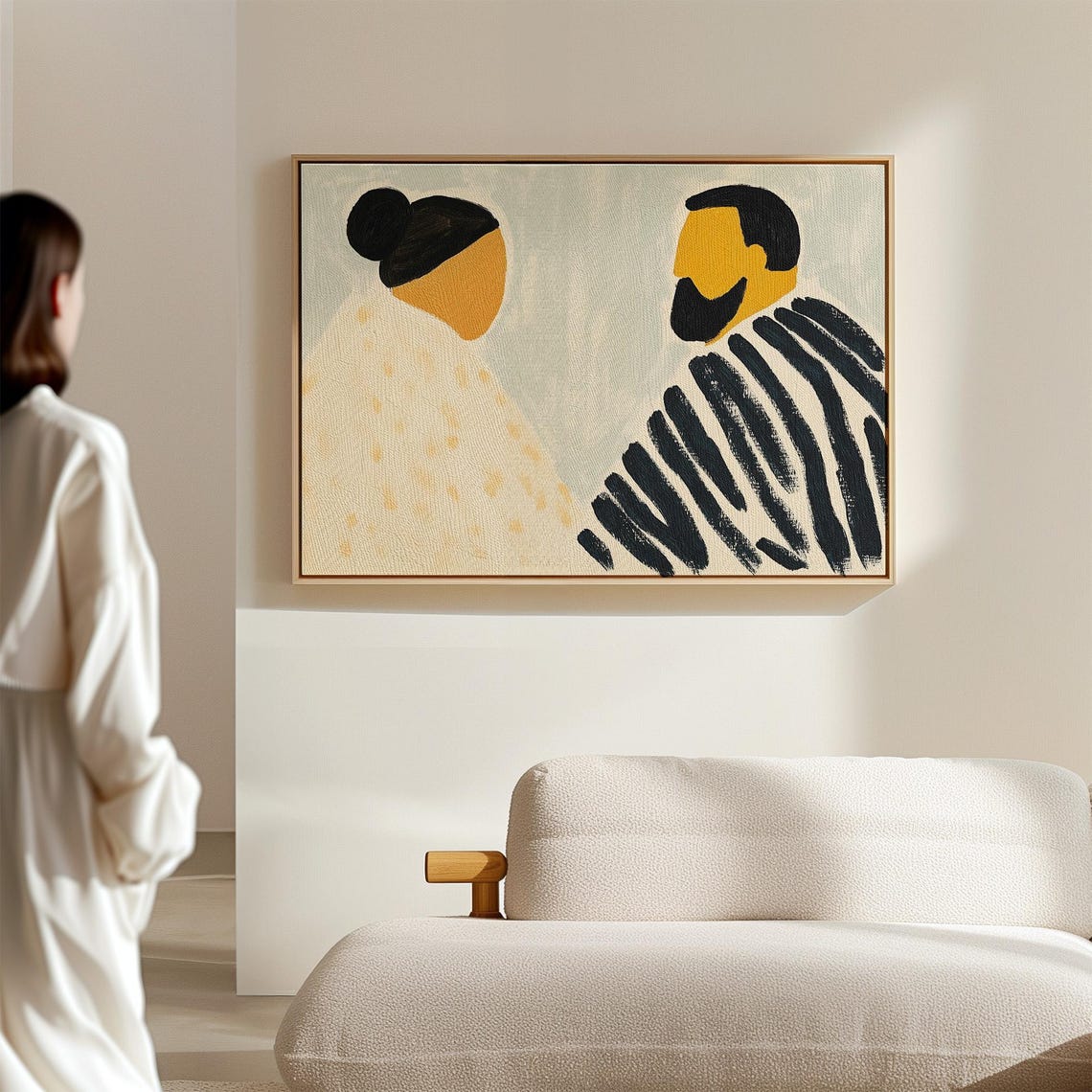 Minimalist Couple Facing Each Other in Striped Tops Tender Poster - Image 3