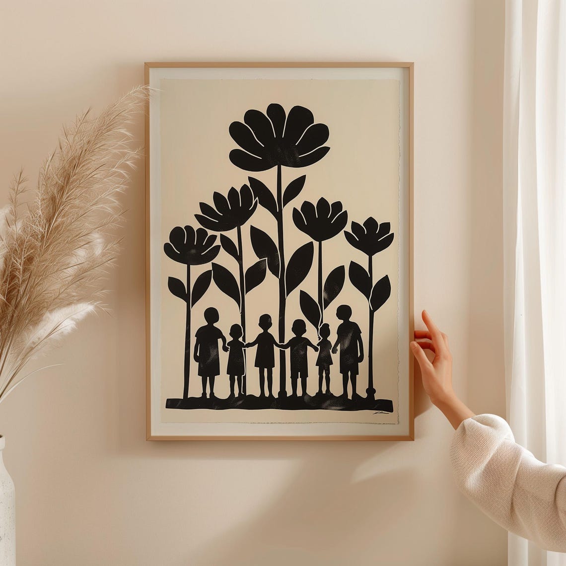 Children Holding Hands Beneath Giant Black Tulips Silhouette Poster