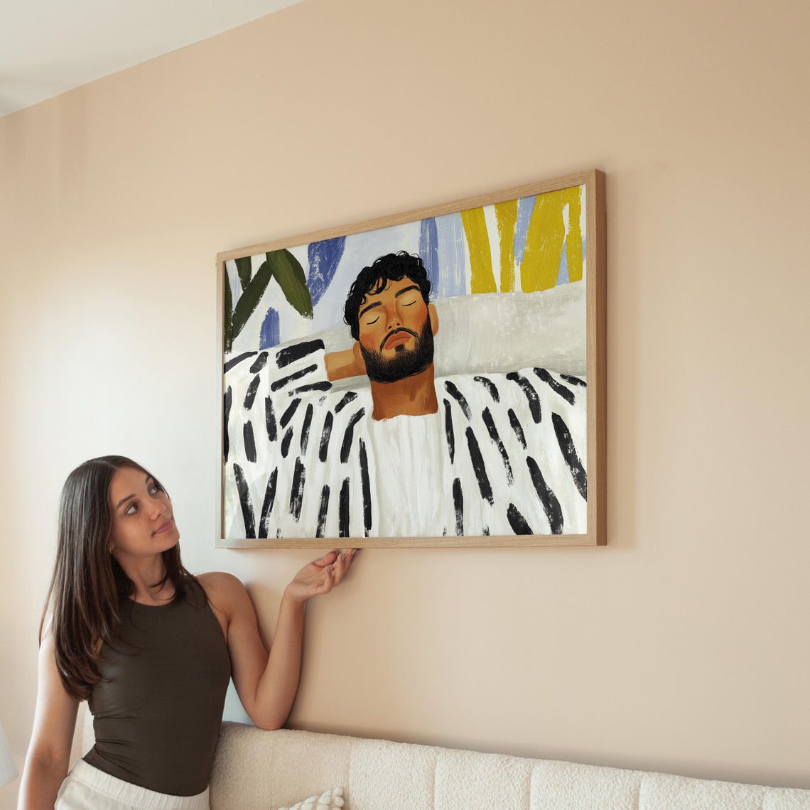 Bearded Man Sleeping Peacefully Under Zebra Striped Blanket Poster