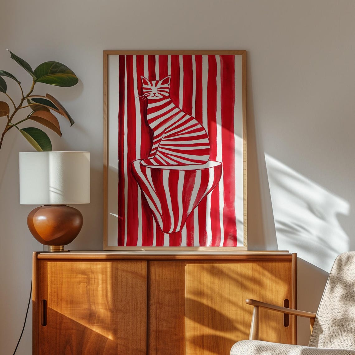 Red and White Striped Cat Sitting on Chair Whimsical Art Poster