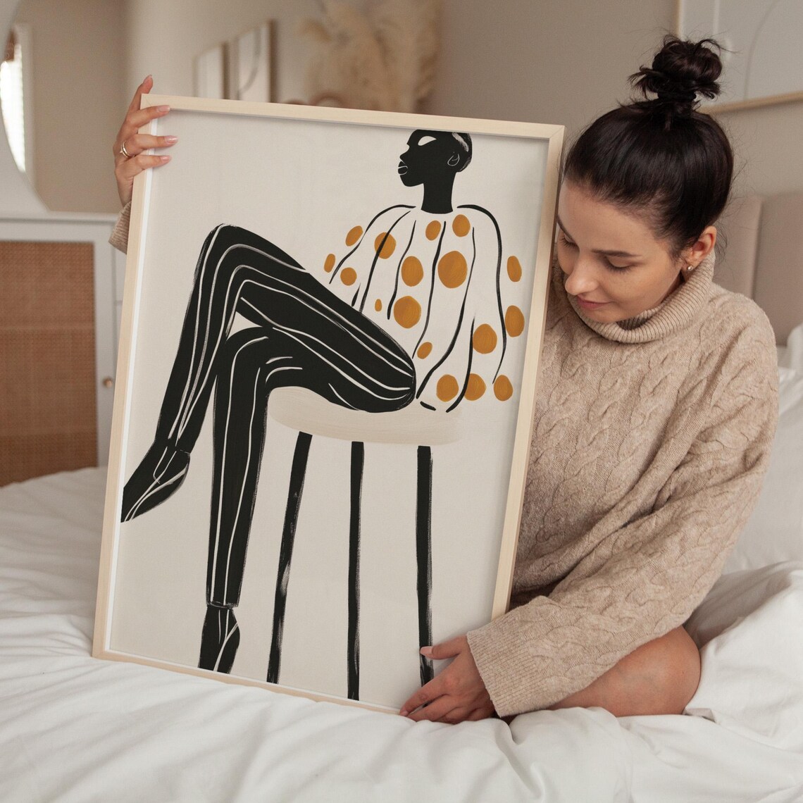 Minimalist Seated Figure, Striped Pants & Polka Dots Art Print - Image 3
