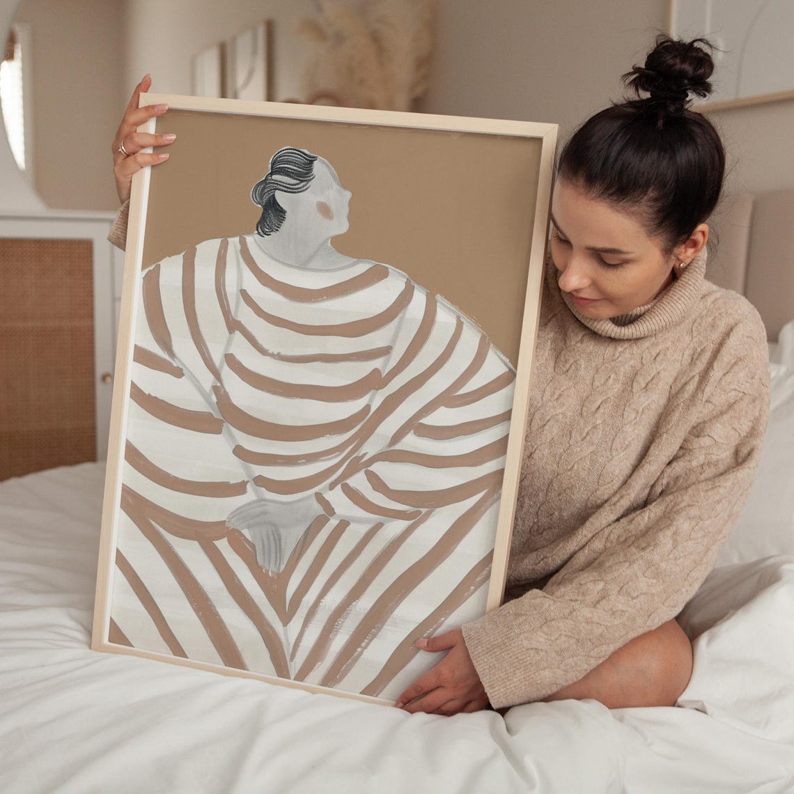 Striped Dress Figure Back View Beige Abstract Modern Portrait Poster - Image 3