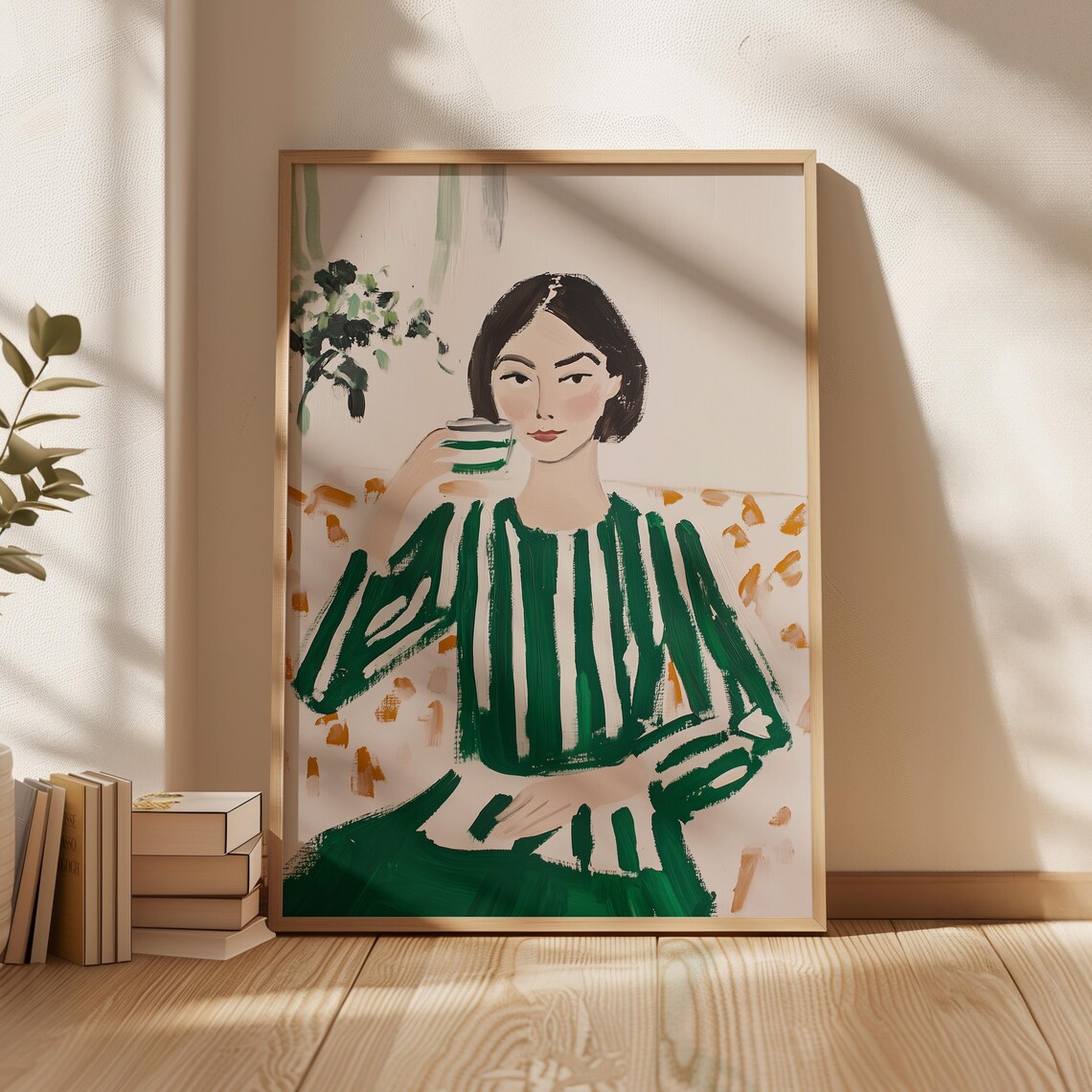 Modern Woman In Striped Green Dress, Minimalist Portrait