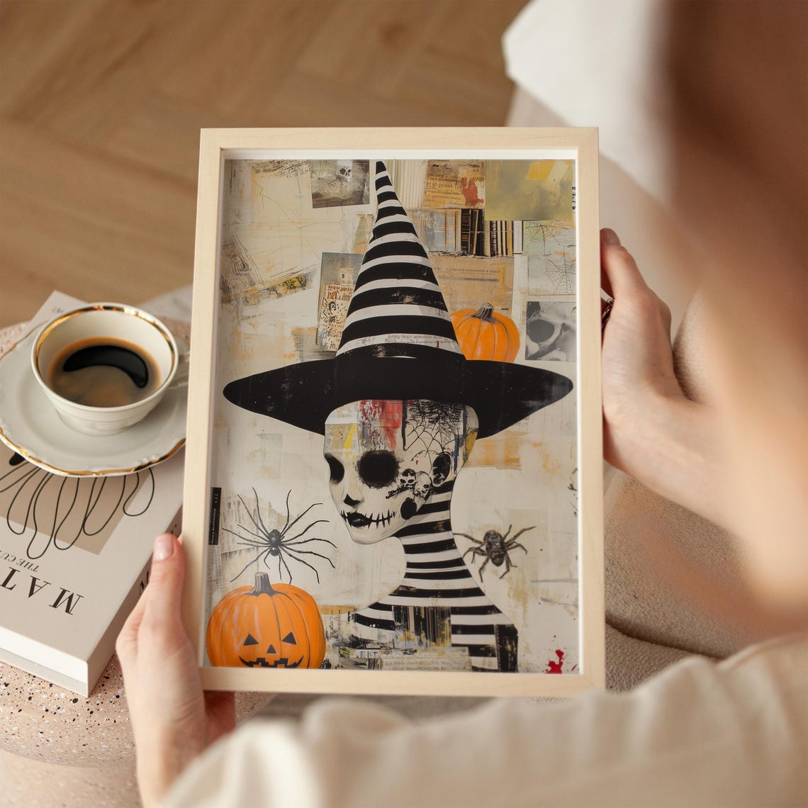Skeleton Witch Woman Striped Hat Gothic Halloween Bedroom Art Poster - Image 2