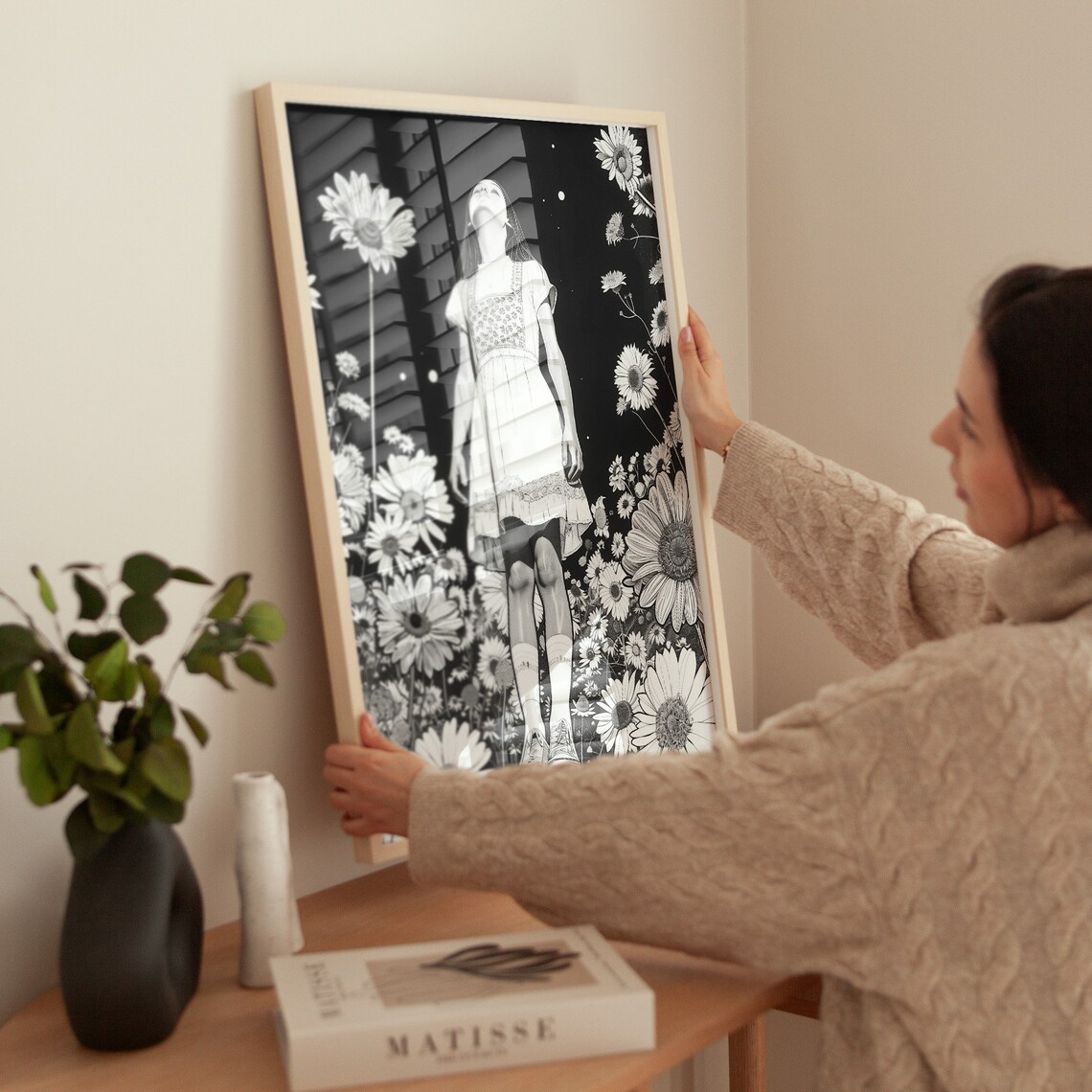 Black And White Flower Girl Among Giant Daisies Illustration Poster - Image 4