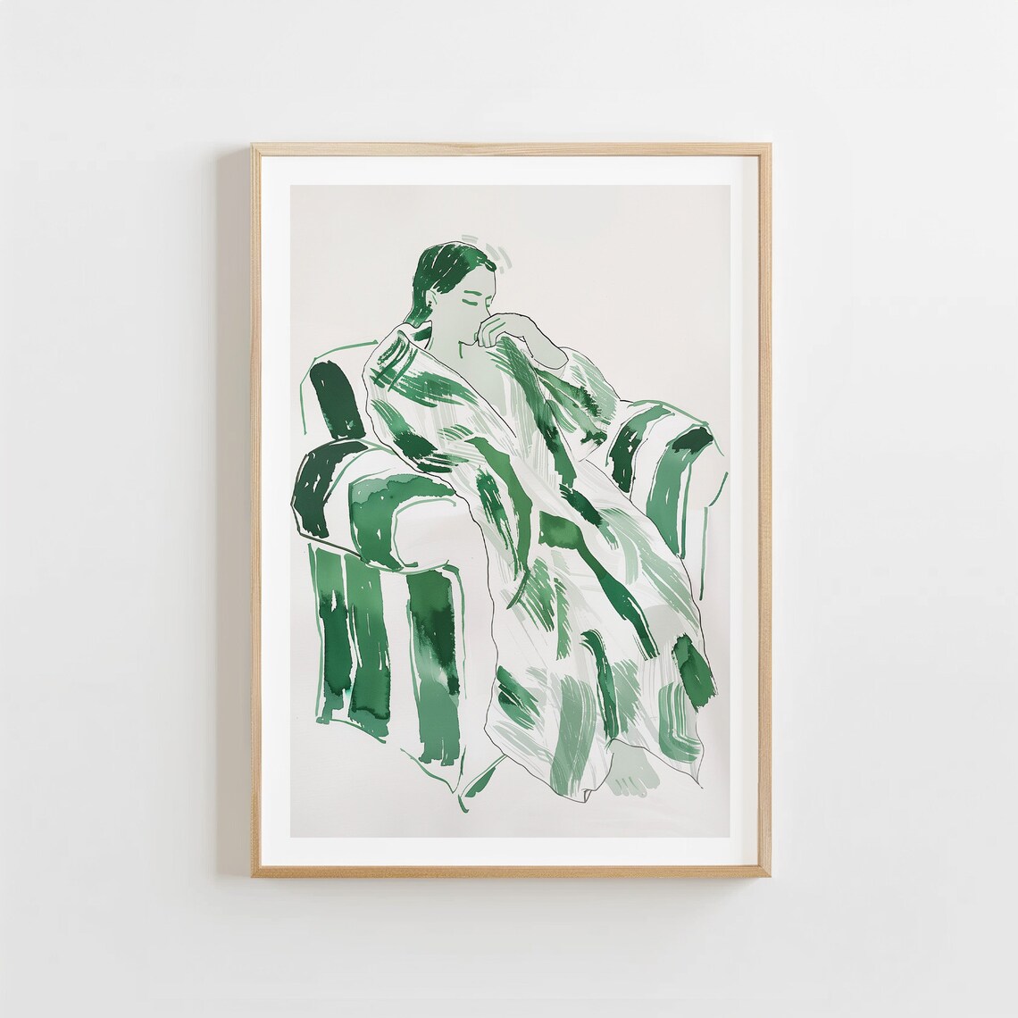 Green Watercolor Reclining Woman on Striped Chair Abstract Figurative Poster