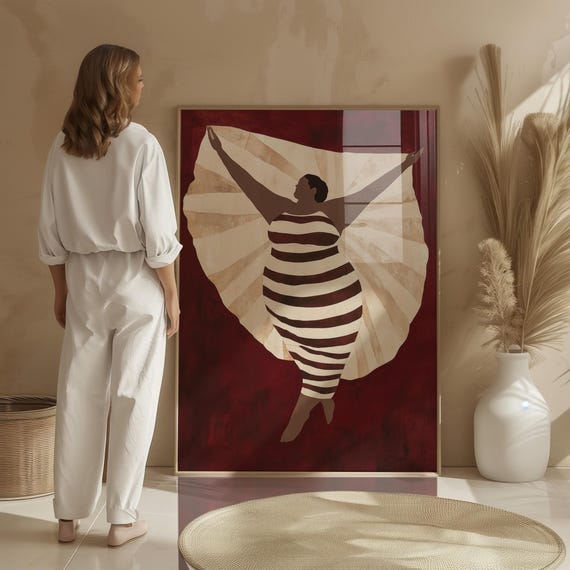 Body Positive Abstract Female Art Print Minimalist Striped Artwork Bold Modern Red And Beige Wall Art Decor