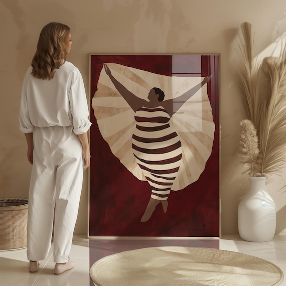 Joyful Curvy Woman with Raised Arms Striped Dress Burgundy Poster