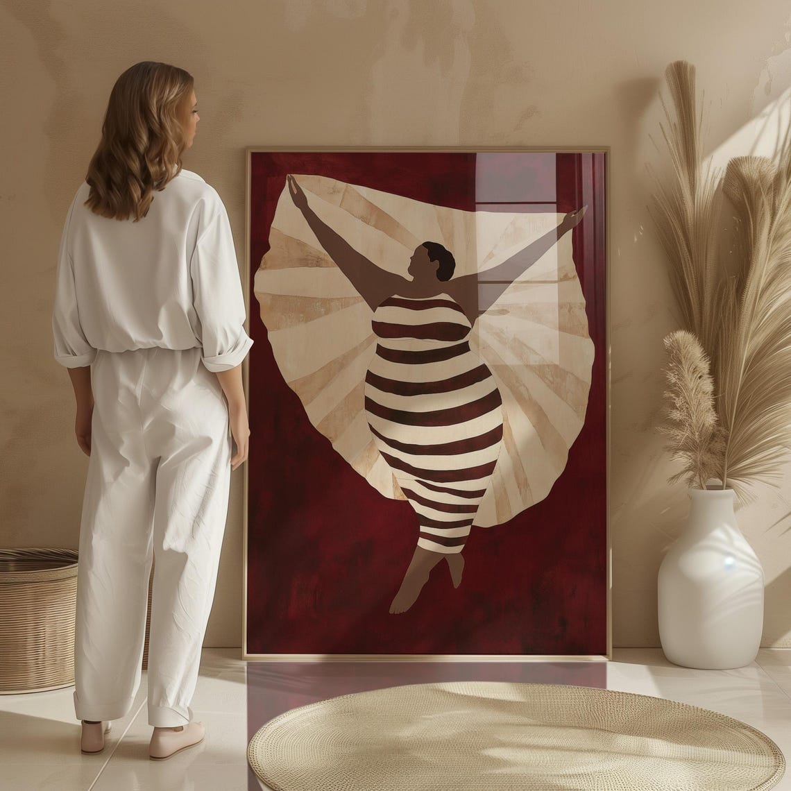 Body Positive Abstract Female Art Print Minimalist Striped Artwork Bold Modern Red And Beige Wall Art Decor