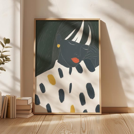Abstract Portrait Wall Art Minimalist Print With Gold Modern Feminine Illustration Bold Lipstick Dark Tones And Polka Dots Decor