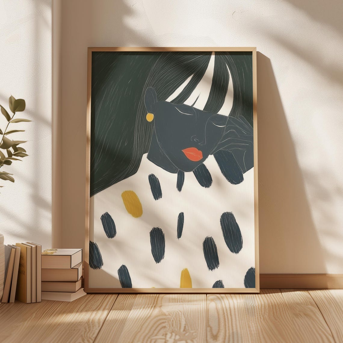 Abstract Portrait Wall Art Minimalist Print With Gold Modern Feminine Illustration Bold Lipstick Dark Tones And Polka Dots Decor
