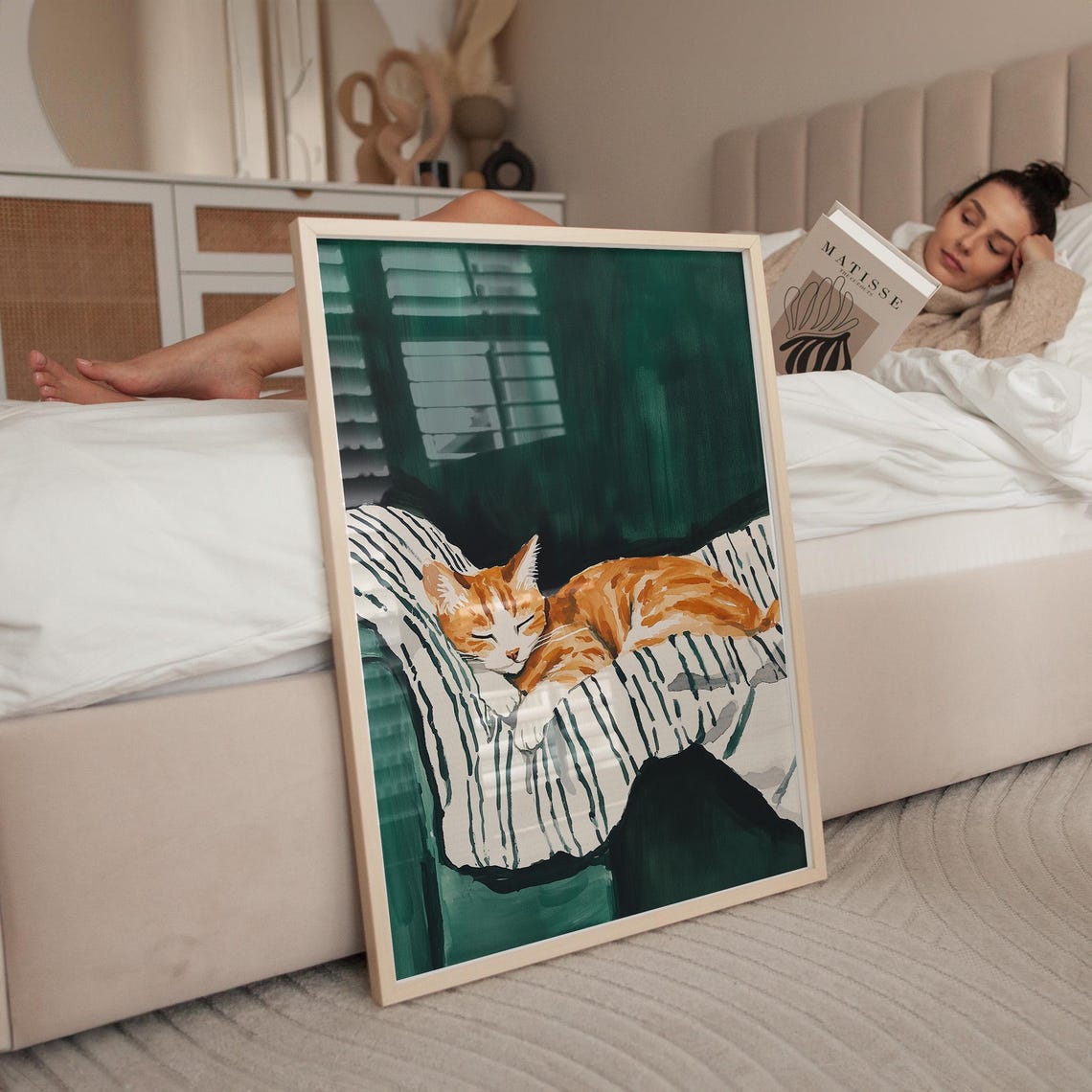 Sleeping Orange Tabby Cat Striped Blanket Emerald Green Pet Poster