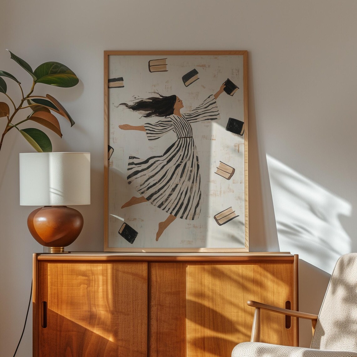 Floating Woman Striped Dress Surrounded By Books Whimsical Reader Poster - Image 2