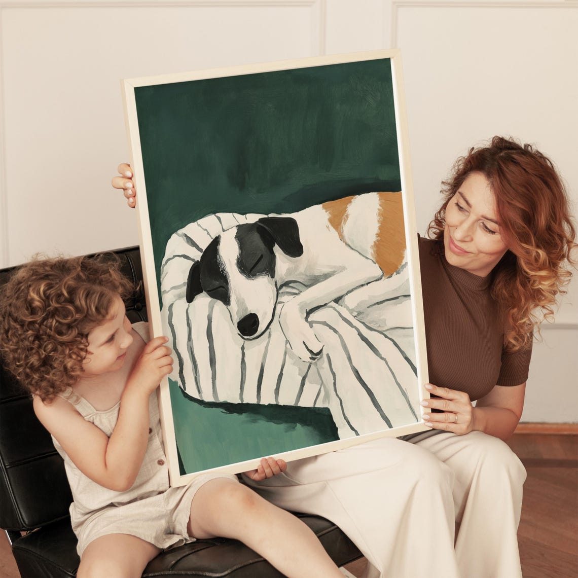 Sleeping Dog On Striped Couch Cozy Green Pet Painting Poster - Image 4