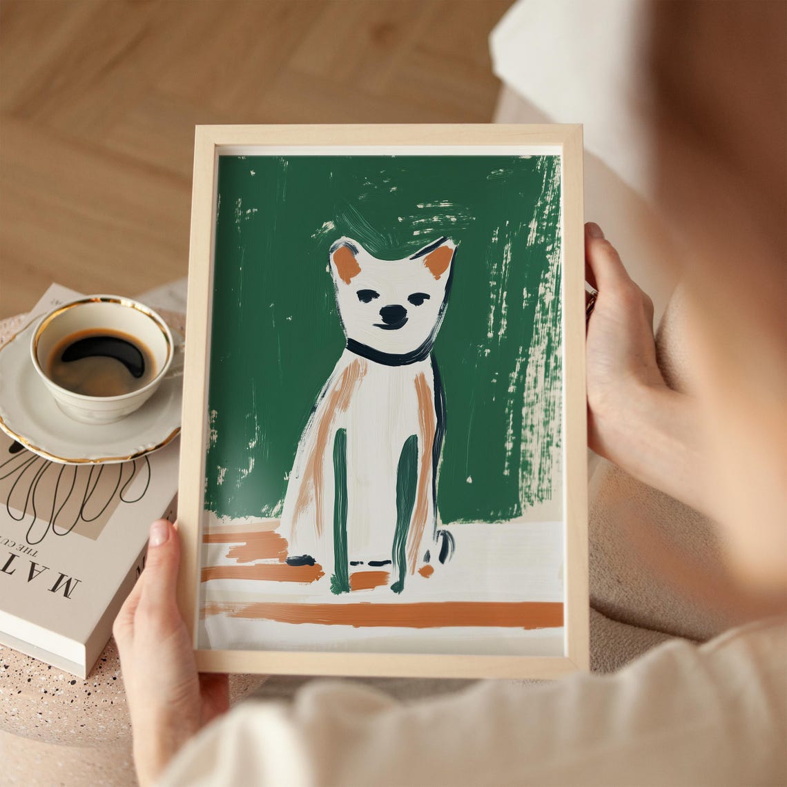 Cute White Dog Orange Ears Emerald Green Naive Pet Portrait Poster