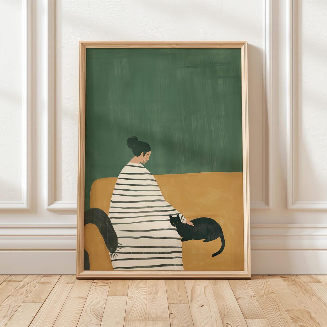 Woman Sitting With Black Cat Minimalist Illustration Wall Art