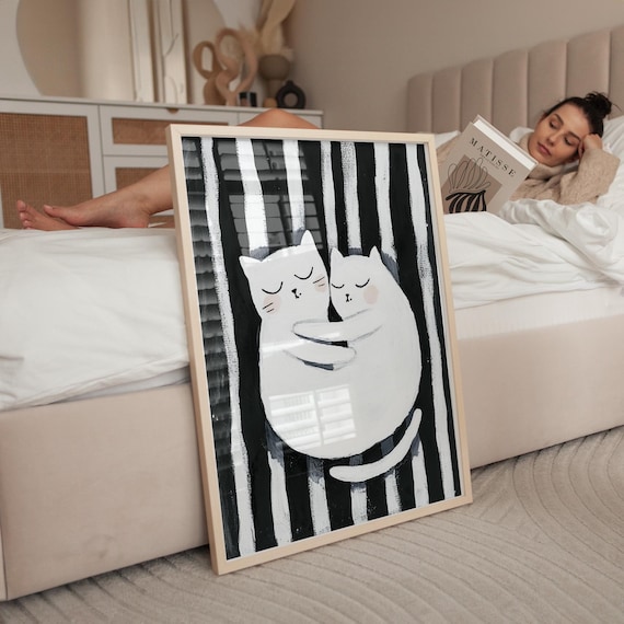 Minimalist Cat Couple Art Print Black White Hugging Cats Wall Art Cute Pet Decor For Animal Lovers Cozy Bedroom Art Modern Home Decor