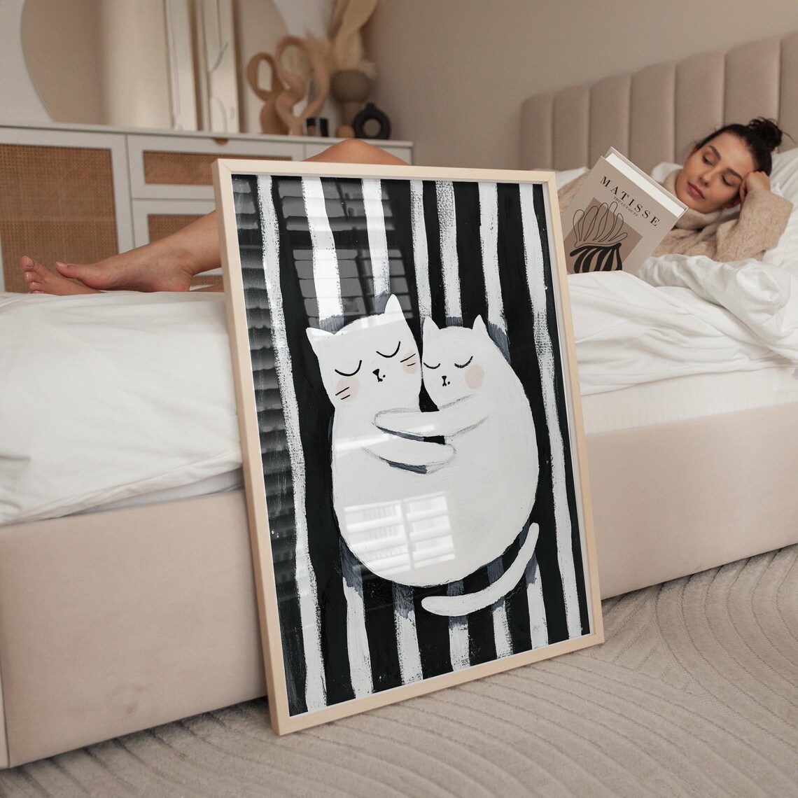 Two Hugging White Cats On Stripes Sweet Cat Couple Art Poster