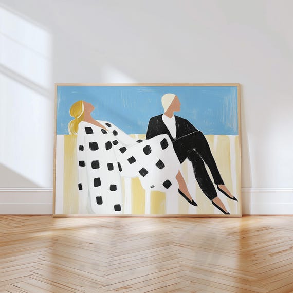 Modern Minimalist Couple Art Print Abstract Figure Illustration Black And White Geometric Pattern Contemporary Wall Decor Serene Artwork