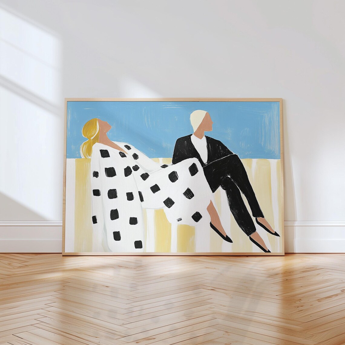 Seaside Couple Polka Dot Dress and Black Suit Blue Sky Poster