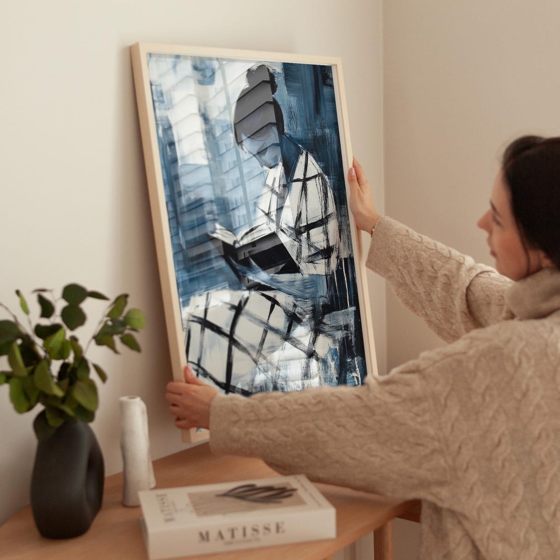 Abstract Figure Reading A Book In Blue Checkered Painting Wall Art