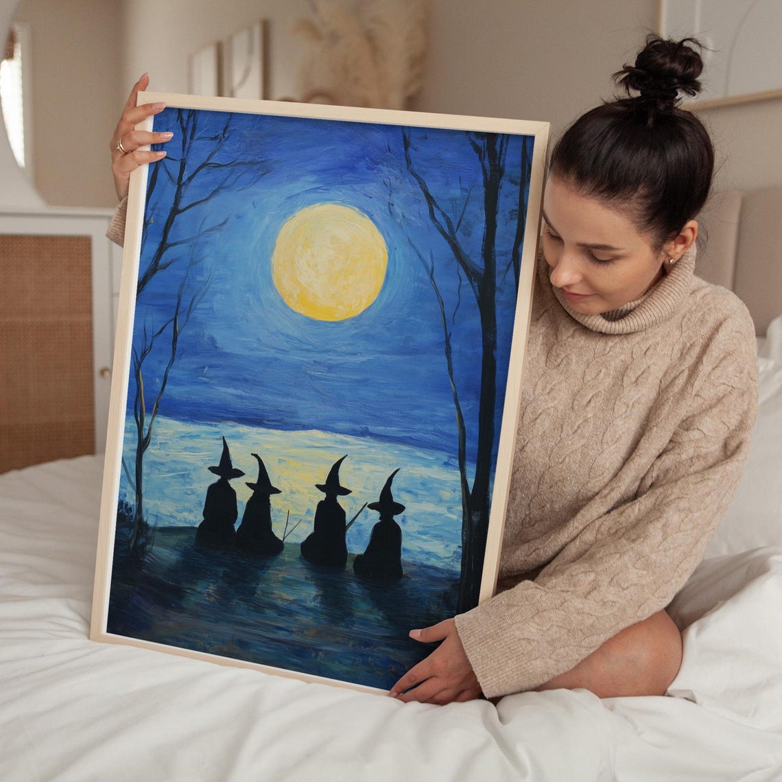 Four Witches Watching the Big Yellow Moon Night Scene Poster - Image 4