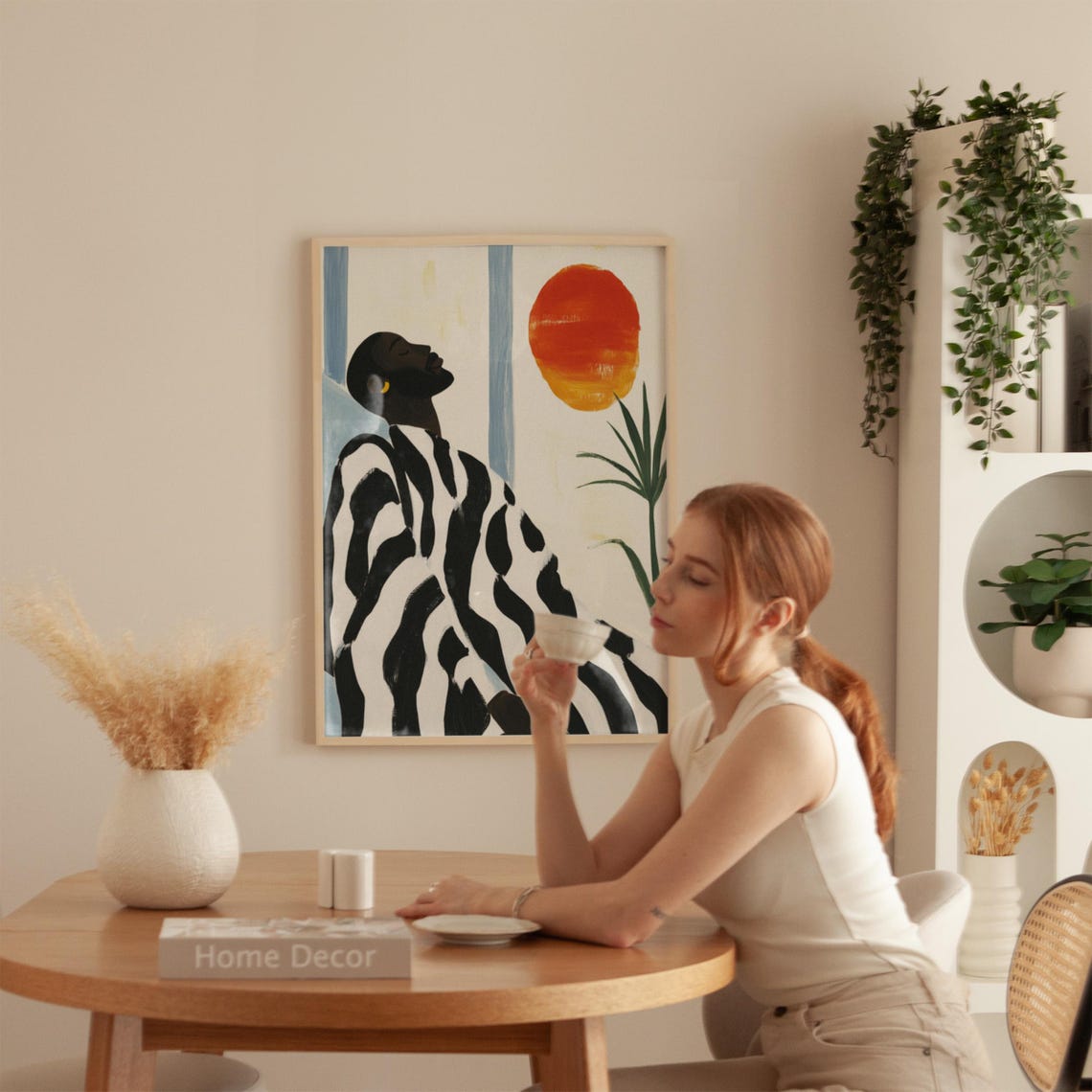 Woman In Zebra Striped Robe Under Orange Sun Minimalist Art Poster