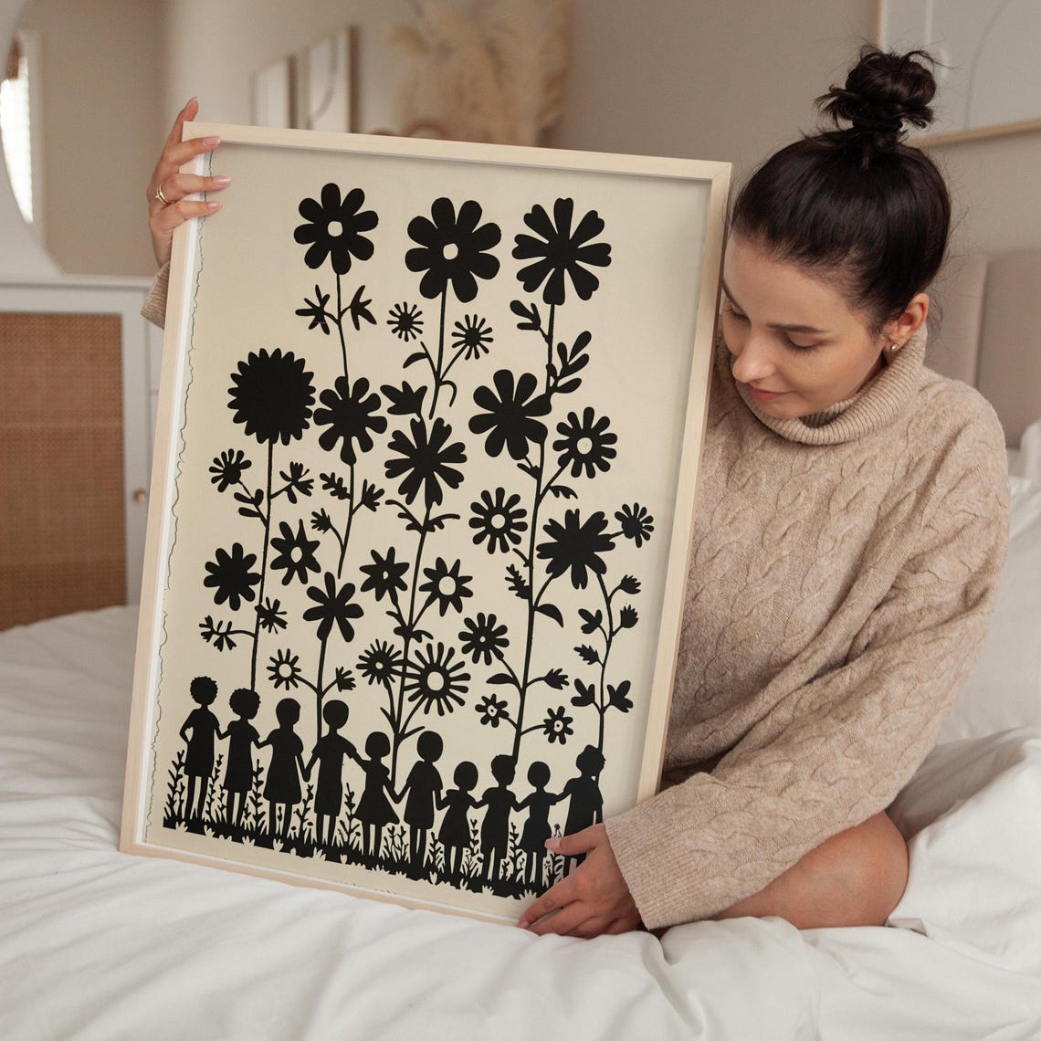 Children Silhouettes Holding Hands Under Giant Black Flowers Poster