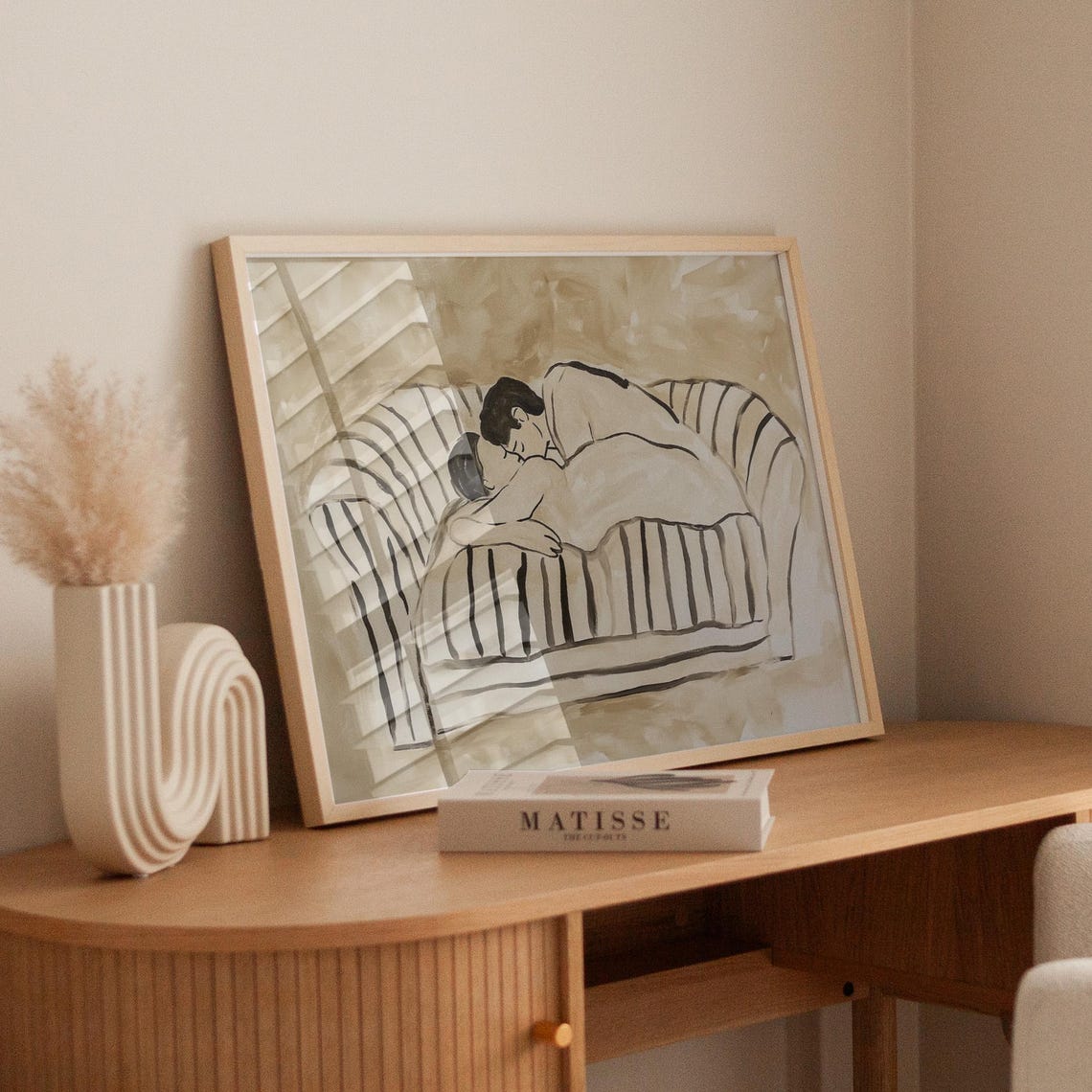 Couple Embracing on Striped Sofa Minimalist Ink Sketch Poster - Image 4